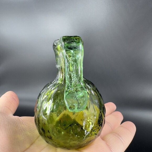 Hand Made Art Glass Green Optic Jug Miniature Pitcher Hand Blown Glass Decor VTG - Picture 12 of 14